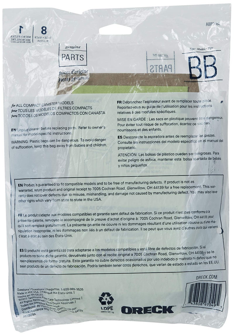Oreck Vacuum Cleaner Bags for Buster B Canister Vacs, Pack of 8, Green, Type BB, Part # AK1BB8A, Oreck Vacuum Bags Refill - Image 5